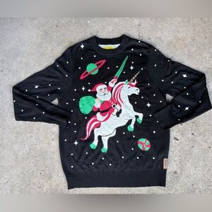 TIPSY ELVES Cosmic Christmas Sweater Santa riding a Unicorn sz XL EUC